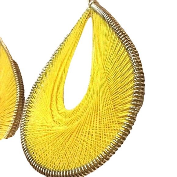 Vintage Jewelry - Y2K Large String Art Weaved Earrings Yellow Retro Tear Drop Copper Wired Summer